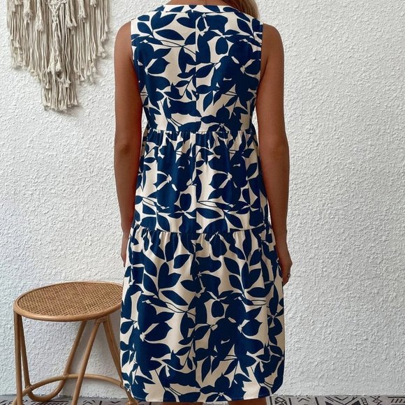 White & Blue Preppy Womens Allover Plant Print Notch Neck Ruffle Hem Dress - Picture 2 of 5